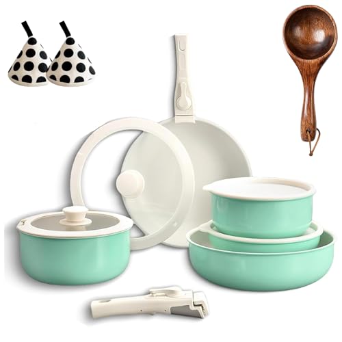 Gourmetific Cookware Set,Gourmetific Cookware Set Stackables With Removable Handle, 5/9/11/15 Piece Cookware Detachable Handle Set with Detachable Handle, Easily Clean (Green,9PCS) von Generisch