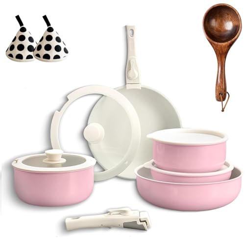 Gourmetific Cookware Set,Gourmetific Cookware Set Stackables With Removable Handle, 5/9/11/15 Piece Cookware Detachable Handle Set with Detachable Handle, Easily Clean (Pink,15PCS) von Generisch