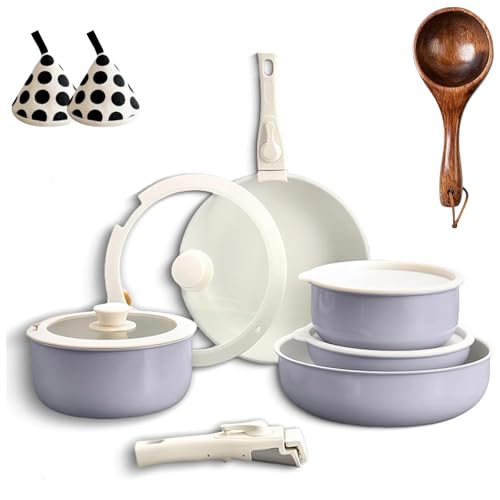 Gourmetific Cookware Set,Gourmetific Cookware Set Stackables With Removable Handle, 5/9/11/15 Piece Cookware Detachable Handle Set with Detachable Handle, Easily Clean (Purple,11PCS) von Generisch