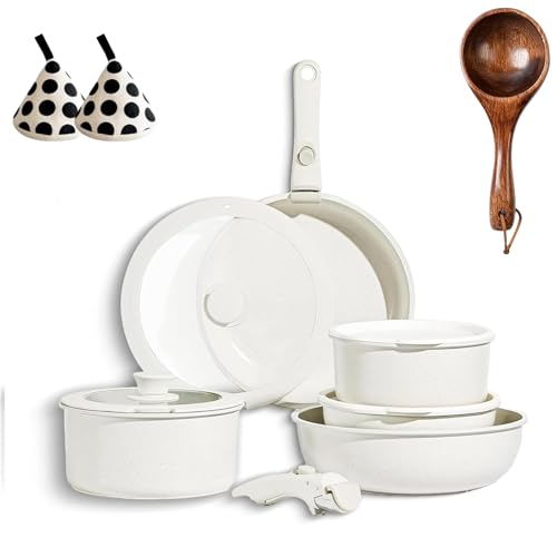 Gourmetific Cookware Set,Gourmetific Cookware Set Stackables With Removable Handle, 5/9/11/15 Piece Cookware Detachable Handle Set with Detachable Handle, Easily Clean (White,15PCS) von Generisch
