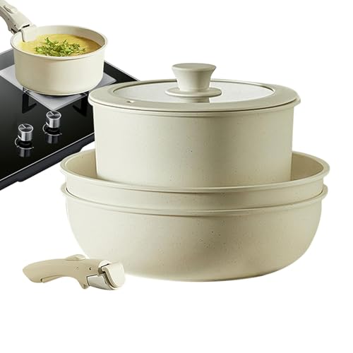 Gourmetific Kochgeschirr-Set,Antihaft-Kochgeschirr-Set - Kochtöpfe und Pfannen zum Kochen | Antihaftbeschichteter, cremeweißer, abnehmbarer Griff zum Kochen von Bratpfannen. Kochtopf-Set für Bratpfann von Generisch