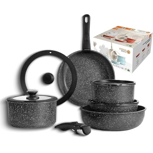 Gourmetifics Cookware Set, 11/15 Piece Gourmetifics Cookware Set Removable Handle, Stackable Non-Stick Cookware Sets, Oven Safe, Easily Clean, for Kitchen (Black,11 Set) von Generisch
