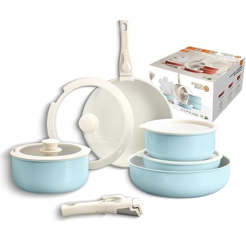 Gourmetifics Cookware Set, 11/15 Piece Gourmetifics Cookware Set Removable Handle, Stackable Non-Stick Cookware Sets, Oven Safe, Easily Clean, for Kitchen (Blue,11 Set) von Generisch