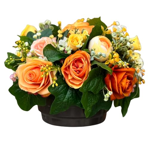 Grabgesteck Kunstblumen mit künstlichen Rosen in Apricot Herbstorange | 30x20cm groß | runder Topf mit Betonboden stabil | täuschend echt Handmade | Friedhof o. Hausdekoration - Innen & Außenbereich von Generisch