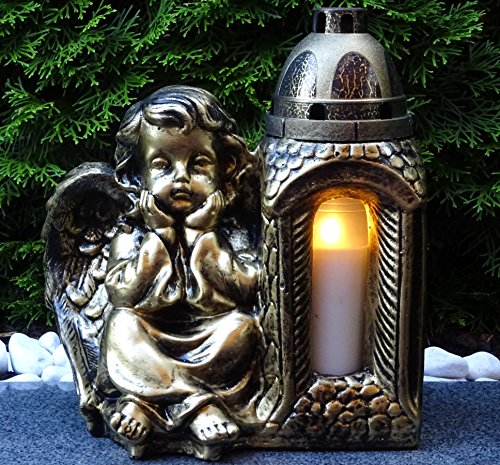 Grablampe Grablaterne Grabengel 30,0cm Grableuchte Engel Schutzengel Bronze Kerze Grabkerze Lampe Laterne Grabdeko Grabdekoration Grabschmuck Grabgesteck Grabdeko von Generisch