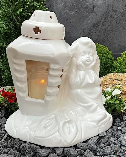 Grablampe Grablaterne Grableuchte Engel Weiss Grabschmuck Grablicht Kerze Schutzengel Lampe Laterne Licht Trauer Friedhof Garten Grabdekoration von Generisch