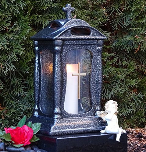 Grablampe Grablaterne Silber 30,0cm mit Kreuz incl. Kerze Grabschmuck Grablicht Grabkerze Grableuchte Lampe Laterne Licht Kerze Friedhof Garten von Generisch