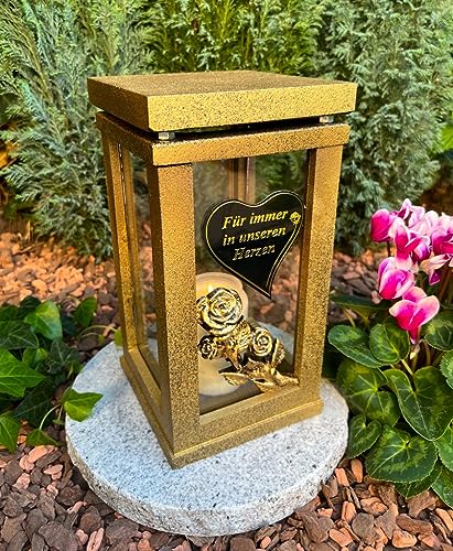 Grablampe Grablicht Laterne Kerze mit Rose und Herz mit Text in Goldfarbe - Grabkerze Grabdekoration 27 cm H. Grabschmuck Neue Model ohne Sockel. Grablampe Grablicht Laterne Kerze mit Rose und Herz mit Text in Goldfarbe - Grabkerze Grabdekoration 27 cm H. Grabschmuck Neue Model ohne Sockel. von Generisch