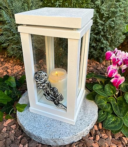 Generisch Grabkerzenhalter Laterne Weiss - Silber Effekt, Stein, Glas, 27x14x14 cm, 2.4 kg, Beerdigung, Bodenmontage, 12 cm Durchmesser, Neuware mit Grabkerze von Generisch
