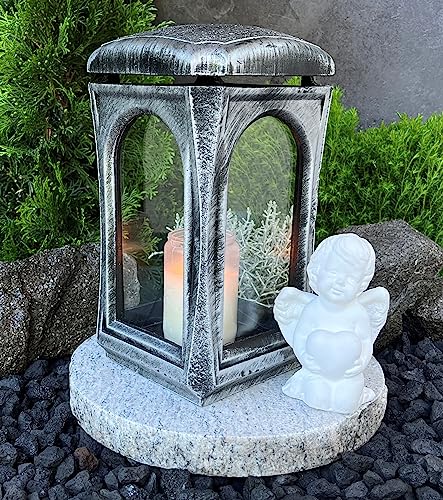 Grablampe mit Granitsockel und Engel Classico Premium Massiv Silber Grablaterne mit Sockel Grableuchte Grablicht Herz Kerze Grabkerze Grabschmuck Lampe Laterne Trauer Friedhof Grabdekoration von Generisch