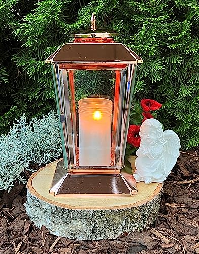 Grablaterne Edelstahl Bronze 30,0 cm mit Baumscheiben Sockel inkl.Engel und Kerze Grabschmuck Set Grablampe Grablicht Sockel Grableuchte Herz Grabschmuck Lampe Laterne Trauer Liebe Friedhof Garten von Generisch