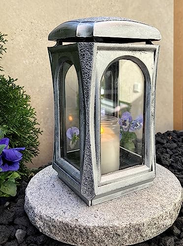 Grablampe mit Granitsockel Massiv Silber Grabschmuck Grablaterne Sockel Grablicht Kerze Grabkerze Lampe Laterne Trauer Schutzengel Friedhof Garten Grabdekoration von Generisch