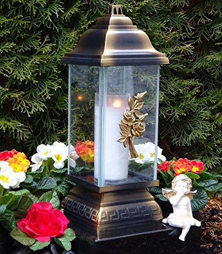 Grablaterne Grablampe Grableuchte Grablicht Rose Bronze inkl. Kerze Gabschmuck Lampe Laterne Licht Trauer Friedhof Garten von Generisch