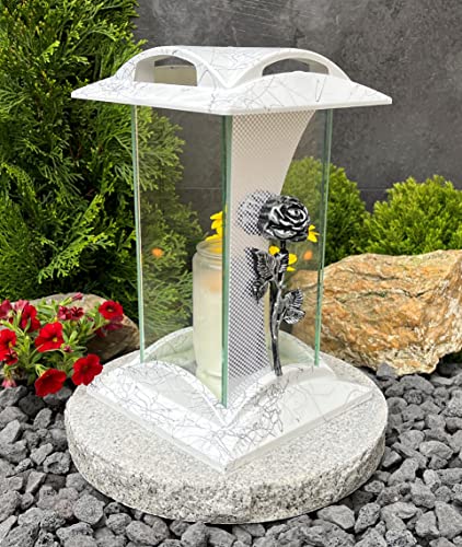 Grablaterne Grablampe Grableuchte Rose Weiss Silber Grabschmuck inkl. Grablicht Kerze Lampe Laterne Licht Trauer Friedhof Garten Rosen Grabdeko von Generisch