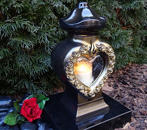 Grablaterne Grablampe Grableuchte Rosen Herz Bronze Grabschmuck inklusive Grablicht Kerze Lampe Laterne Licht Trauer Liebe Friedhof Grabstein von Generisch