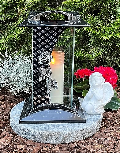 Grabschmuck Komplett-Set Grablampe Rose 28,0cm mit Sockel und Engel Grablaterne Grablicht Kerze Grablampe mit Granitsockel Grableuchte Herz Grabschmuck Lampe Laterne Trauer Liebe Friedhof Garten von Generisch