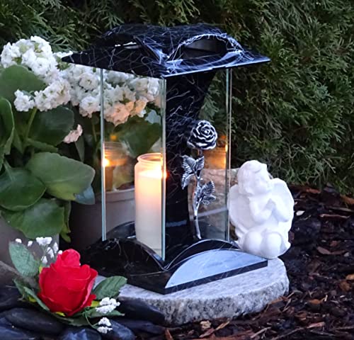 Grabschmuck-Set Grablampe Rose mit Sockel und Engel Grablicht Grablaterne Kerzen Granitsockel Grableuchte Herz Grabschmuck Lampe Laterne Trauer Liebe Friedhof Garten von Generisch