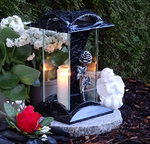 Grabschmuck-Set Grablampe Rose mit Sockel inkl. Engel und Grablicht Kerze Grablaterne Granitsockel Grableuchte Herz Grabschmuck Lampe Laterne Trauer Liebe Friedhof Garten von Generisch