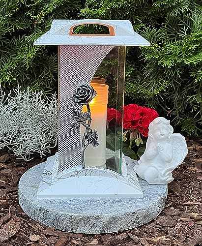Grabschmuck-Set Grablampe Rose weiß 28,0cm mit Sockel und Engel Grablaterne Granitsockel Grableuchte Kerze Grabkerze Herz Grabschmuck Lampe Laterne Trauer Liebe Friedhof Garten von Generisch