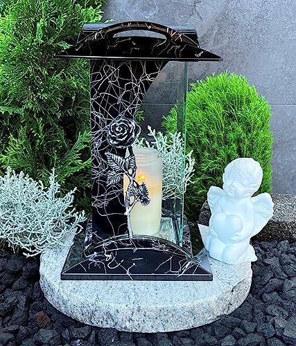 Grabschmuck-Set Grablampe mit Rose 28,0cm mit Sockel und Engel Grablaterne Grablicht Kerze Herz Granitsockel Grableuchte Grabschmuck Lampe Laterne Trauer Blumen Garten Schutzengel von Generisch