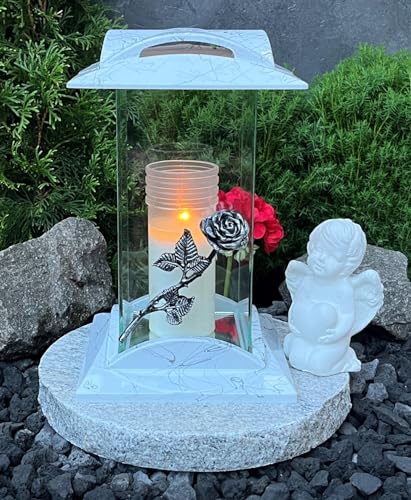 Generisch Grabschmuck-Set Ewige Liebe Grablampe mit Rose weiß 28,0cm mit Sockel und Engel Grablaterne GranitsockelGrablicht Kerze Grableuchte Herz Grabschmuck Lampe Laterne Trauer Friedhof Garten von Generisch