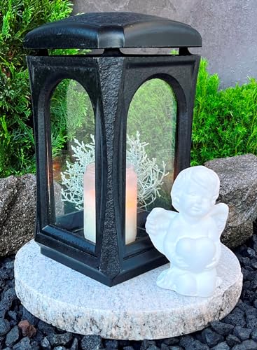 Grabschmuck-Set Grablaterne Classico Premium Massiv Schwarz mit Sockel inkl. Engel u.Grablicht Kerze + Grablampe Granitsockel Grableuchte Herz Grabschmuck Lampe Laterne Trauer Liebe Friedhof von Generisch