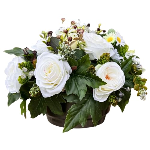 Grabgesteck mit künstlichen Rosen Blumen 30cm breit | im Topf mit Beschwerung sehr stabil | wie Echt EU Handmade | für Friedhof Aber auch als Hausdekoration - Innen und Außenbereich von Generisch