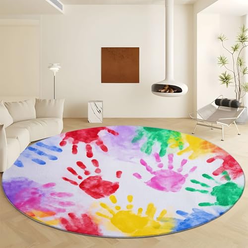 Graffiti Stil Abstrakte Handabdrücke Teppich Runder Ø 60 cm, Waschbar Anti Rutsch Kurzflorteppich - Bunt Flauschig Weich Runder Teppich for Wohnzimmer Schlafzimmer Heim Büro Dekor von Generisch