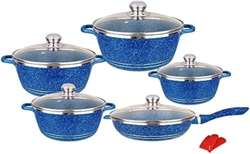 Granit-Kochgeschirr-Set – 10-teiliges antihaftbeschichtetes Aluminium-Küchengeschirr mit Glasdeckeln – Marmorbeschichtete Töpfe und Pfannen zum Braten und Kochen von Essentials, Farbe: Blau Granit-Kochgeschirr-Set – 10-teiliges antihaftbeschichtetes Aluminium-Küchengeschirr mit Glasdeckeln – Marmorbeschichtete Töpfe und Pfannen zum Braten und Kochen von Essentials, Farbe: Blau von Generisch