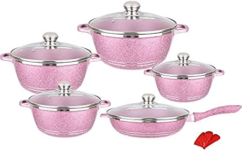 Granit-Kochgeschirr-Set – 10-teiliges antihaftbeschichtetes Aluminium-Küchengeschirr mit Glasdeckeln – Marmorbeschichtete Töpfe und Pfannen zum Braten und Kochen von Essentials, Farbe: Rosa Granit-Kochgeschirr-Set – 10-teiliges antihaftbeschichtetes Aluminium-Küchengeschirr mit Glasdeckeln – Marmorbeschichtete Töpfe und Pfannen zum Braten und Kochen von Essentials, Farbe: Rosa von Generisch