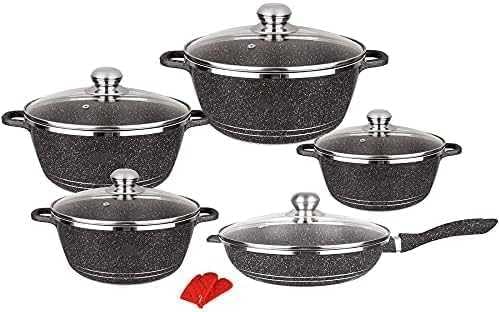 Granit-Kochgeschirr-Set – 10-teiliges antihaftbeschichtetes Aluminium-Küchengeschirr mit Glasdeckeln – Marmorbeschichtete Töpfe und Pfannen zum Braten und Kochen von Essentials, Farbe: Schwarz Granit-Kochgeschirr-Set – 10-teiliges antihaftbeschichtetes Aluminium-Küchengeschirr mit Glasdeckeln – Marmorbeschichtete Töpfe und Pfannen zum Braten und Kochen von Essentials, Farbe: Schwarz von Generisch