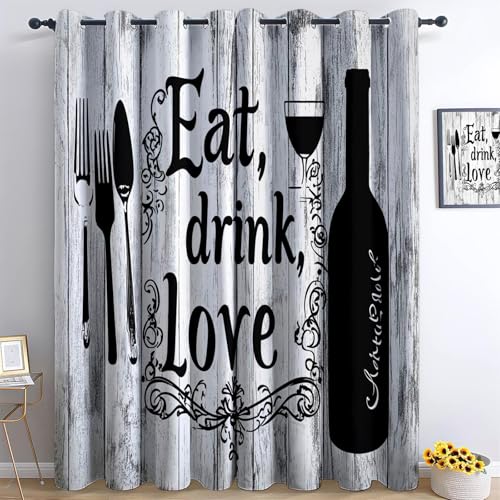 Grau Vorhänge Silhouette Essen Trinken Liebe Besteck Weinflasche Gardinen mit Ösen Vorhang Blickdicht Verdunklungsvorhänge Schiebevorhänge Schlafzimmer Wohnzimmer Curtain 2er Set 214 x 91.5 cm von Generisch