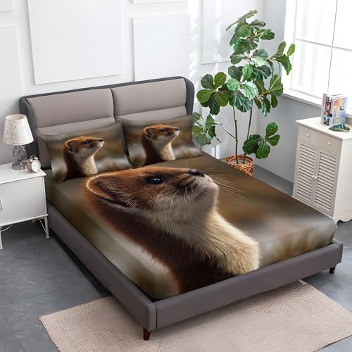 Graubraun Spannbettlaken Weiche Atmungsaktivem 200 x 200 cm, Tiefe Tasche Matratzenschoner rutschfeste Atmungsaktive Tier Süß Wiesel Spannbettlaken für Kinder Erwachsene von Generisch