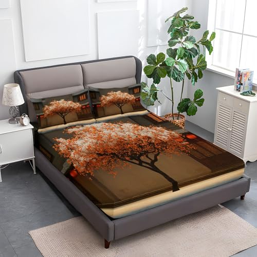 Graubraun Spannbettlaken Weiche Atmungsaktivem 200 x 200 cm, Tiefe Tasche Matratzenschoner rutschfeste Atmungsaktive Winter Straße Kakibaum Spannbettlaken für Kinder Erwachsene von Generisch