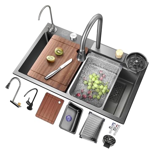 Graue Einzelbecken-Küchenspüle mit Wasserfall-Design, Glasspüler, ausziehbarer Wasserhahn und Abflusssieb, perfekt für moderne Küchen (75 x 45 x 22 cm) von Generisch