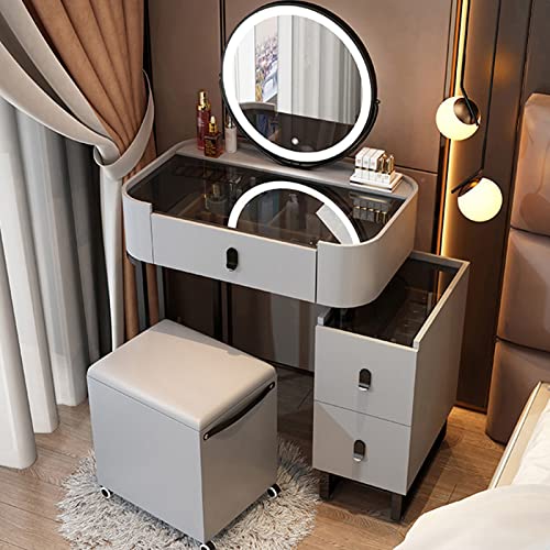 Grauer Schminktisch mit LED-beleuchtetem Spiegel, Tischplatte aus gehärtetem Glas, 3 Schubladen und Aufbewahrungshocker, 3 Beleuchtungsmodi, ideal für kleine Räume, stilvoller Schminktisch, Größe: 70 Grauer Schminktisch mit LED-beleuchtetem Spiegel, Tischplatte aus gehärtetem Glas, 3 Schubladen und Aufbewahrungshocker, 3 Beleuchtungsmodi, ideal für kleine Räume, stilvoller Schminktisch, Größe: 70 von Generisch