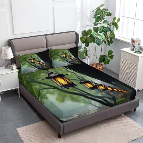 Graugrün Spannbettlaken Weiche Atmungsaktivem 200 x 200 cm, Tiefe Tasche Matratzenschoner rutschfeste Atmungsaktive Architektur Dachvorsprung Straßenszene Spannbettlaken für Kinder Erwachsene von Generisch