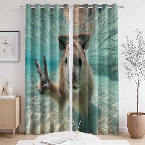 Grommet Curtain Wohnzimmer Curtains Surrealismus Niedlich Sonnenbrille Capybara Gardinen Wohnzimmer für Erwachsene Gardinen 2er Set H215 x B140 cm von Generisch