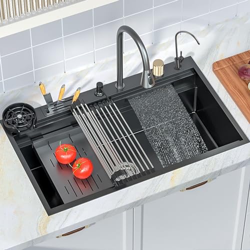 Große Edelstahl-Küchenspüle mit Messerhalter und Zubehör, 52 cm, verstecktes Design mit fliegendem Regenwasserfall von Generisch