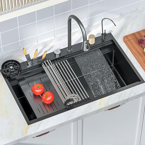 Große Edelstahl-Küchenspüle mit Messerhalter und Zubehör, 52 cm, verstecktes Design mit fliegendem Regenwasserfall von Generisch
