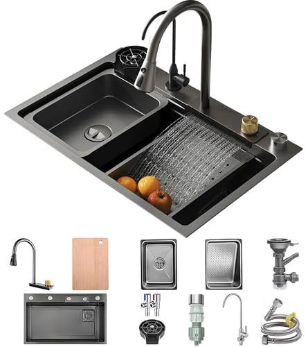 Große Edelstahl-Küchenspüle mit Wasserfall-Design, Einzelwaschbecken, ausziehbarer Wasserhahn, 2 Tropfkörbe, Schneidebrett und Seifenspender für ultimativen Komfort Große Edelstahl-Küchenspüle mit Wasserfall-Design, Einzelwaschbecken, ausziehbarer Wasserhahn, 2 Tropfkörbe, Schneidebrett und Seifenspender für ultimativen Komfort von Generisch