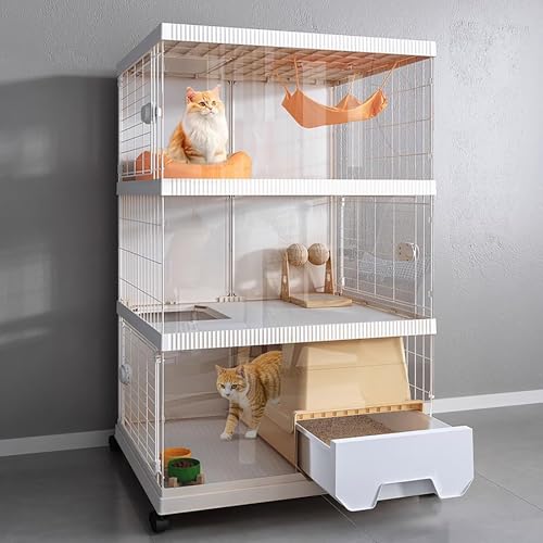 Große Katzenkäfige Indoor mit Katzentoilette, 3-stöckiges Katzengehege auf Rädern, belüftet und atmungsaktiv, geeignet für 1-2 Katzen von Generisch
