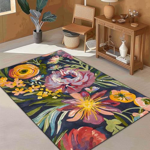 Große Teppiche, 1,5 x 2,4 m, Blumenmuster, Rot, Marineblau, modern, Orange, Gelb, Grün, Muster, bunt, 155 x 245 cm, waschbarer Teppich für Wohnzimmer, Dekoration, Schlafzimmer, Esszimmer, Jugendzimmer Große Teppiche, 1,5 x 2,4 m, Blumenmuster, Rot, Marineblau, modern, Orange, Gelb, Grün, Muster, bunt, 155 x 245 cm, waschbarer Teppich für Wohnzimmer, Dekoration, Schlafzimmer, Esszimmer, Jugendzimmer von Generisch