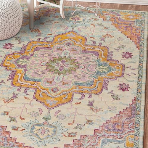 Große Teppiche, 1,5 x 2,4 m, Grün, Gelb, Fuchsia, Orange, Gelb, Beige, Vintage, bunt, 155 x 245 cm, waschbarer Teppich für Wohnzimmer, Dekoration, Schlafzimmer, Esszimmer, Jugendzimmer, Teppich Große Teppiche, 1,5 x 2,4 m, Grün, Gelb, Fuchsia, Orange, Gelb, Beige, Vintage, bunt, 155 x 245 cm, waschbarer Teppich für Wohnzimmer, Dekoration, Schlafzimmer, Esszimmer, Jugendzimmer, Teppich von Generisch
