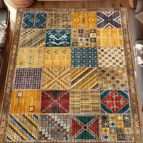 Große Teppiche, 1,8 x 2,7 m, Rot, Dunkelgrün, Orange, Gelb, Vintage, geometrisches Schachbrett, bunt, 180 x 280 cm, waschbarer Teppich für Wohnzimmer, Dekoration, ästhetisches Schlafzimmer-Zubehör Große Teppiche, 1,8 x 2,7 m, Rot, Dunkelgrün, Orange, Gelb, Vintage, geometrisches Schachbrett, bunt, 180 x 280 cm, waschbarer Teppich für Wohnzimmer, Dekoration, ästhetisches Schlafzimmer-Zubehör von Generisch