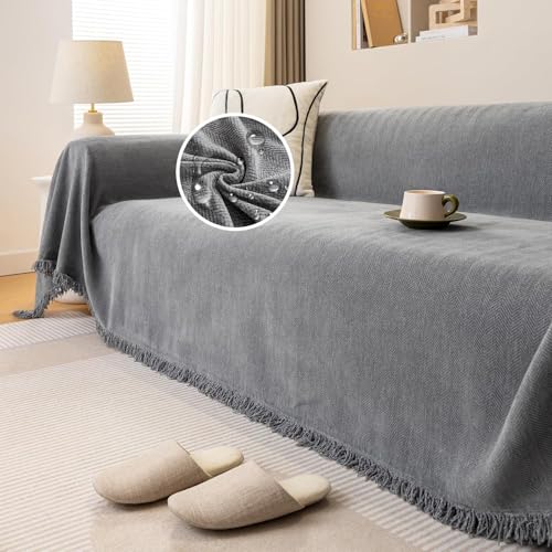 Große graue Chenille-Überwurfdecke für Sofas, Fischgräten-Design mit Quasten, kratzfester Couchbezug für 14-Sitzer, perfekt für Betten und Stühle, 180 x 260 cm von Generisch