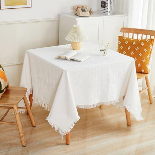 Große weiße Strick-Tischdecke, 180 x 260 cm, schmutzabweisend, waschbar, mit Pompons, perfekt für Ess- oder Couchtische, elegante Wohnkultur. von Generisch