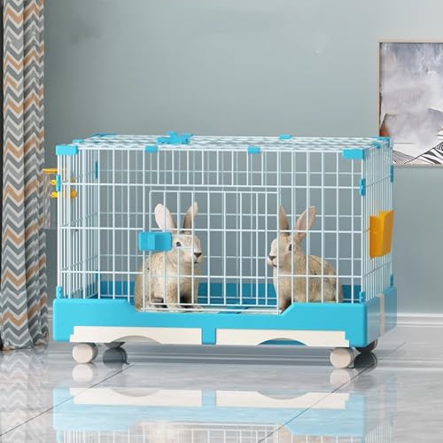 Großer Kaninchenkäfig auf Rädern für den Innenbereich mit ausziehbaren Tabletts, Hasenstall mit Dachfenster für 2 Hasen, leicht zu reinigender Laufstall für Kleintiere – Blau (82 x 57 x 66 c von Generisch