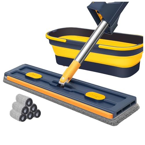 Großer flacher Wischmopp, 360° Drehung Saker Plus Flat Mop und Eimer Set, Nass und Trocken Großer Selbstauswringender Flachmopp mit 6 wiederverwendbaren waschbaren Mikrofaser-Pads, für Fliesen von Generisch