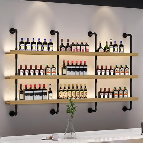 Großes Wand-Weinregal, 3 Etagen, industrielles schwebendes Regal mit rustikalem Holz und Röhren, wandmontierter Likörflaschenhalter, stilvolle Bar-Aufbewahrungslösung Großes Wand-Weinregal, 3 Etagen, industrielles schwebendes Regal mit rustikalem Holz und Röhren, wandmontierter Likörflaschenhalter, stilvolle Bar-Aufbewahrungslösung von Generisch